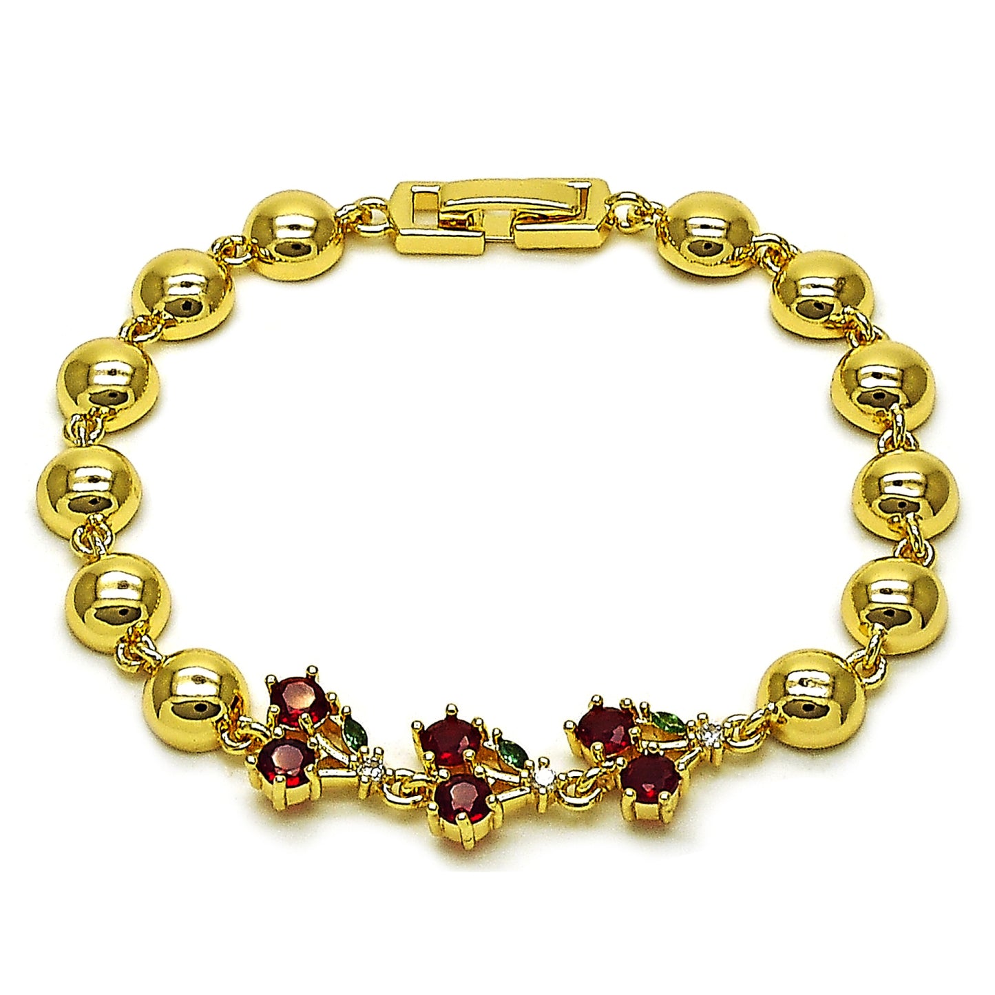 Oro Laminado Fancy Bracelet, Gold Filled Style Cherry and Ball Design, with Garnet and Green Cubic Zirconia, Polished, Golden Finish