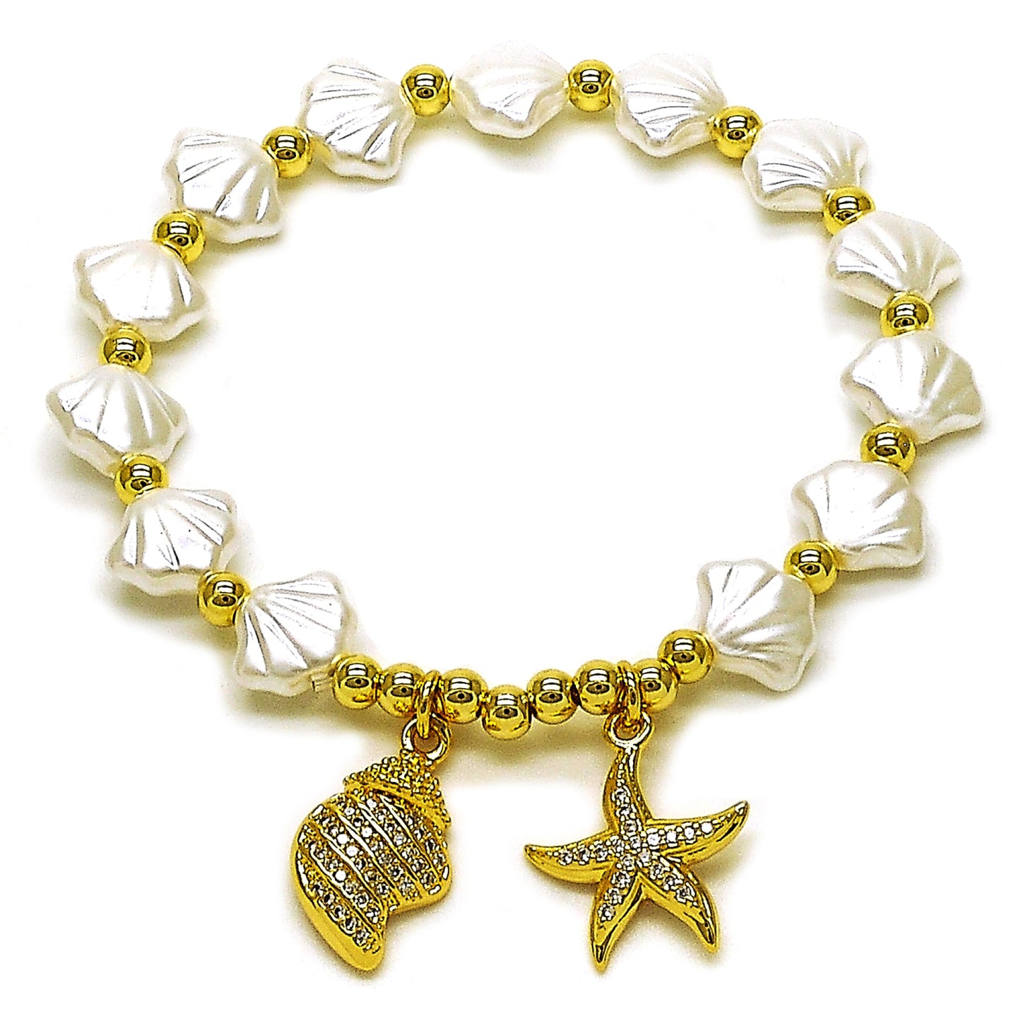 Oro Laminado Fancy Bracelet, Gold Filled Style Star Design, with Ivory Pearl and White Micro Pave, Polished, Golden Finish
