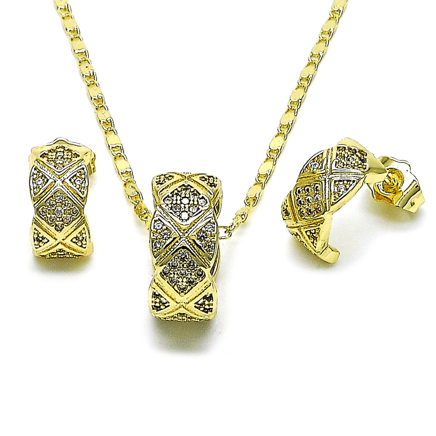 Oro Laminado Earring and Pendant Adult Set, Gold Filled Style with White Micro Pave, Polished, Golden Finish