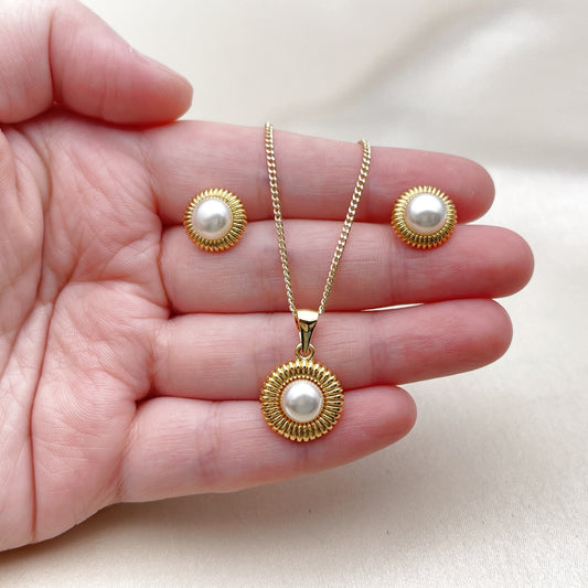 Oro Laminado Earring and Pendant Adult Set, Gold Filled Style Flower Design, with Ivory Pearl, Polished, Golden