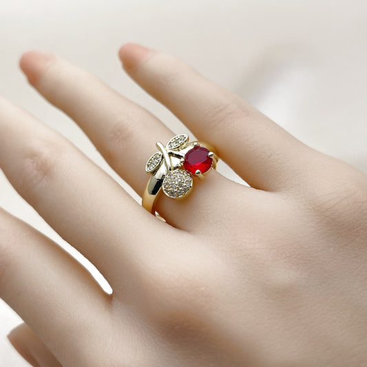 Oro Laminado Multi Stone Ring, Gold Filled Style Cherry Design, with Garnet Cubic Zirconia and White Micro Pave, Polished, Golden Finish