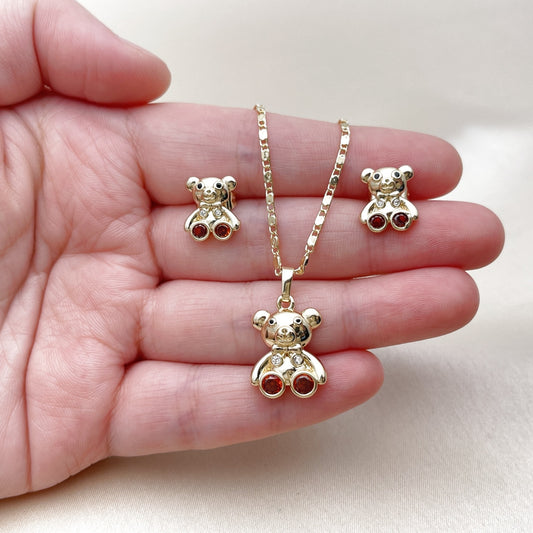 Oro Laminado Earring and Pendant Adult Set, Gold Filled Style Teddy Bear Design, with Garnet and White Cubic Zirconia, Polished, Golden Finish