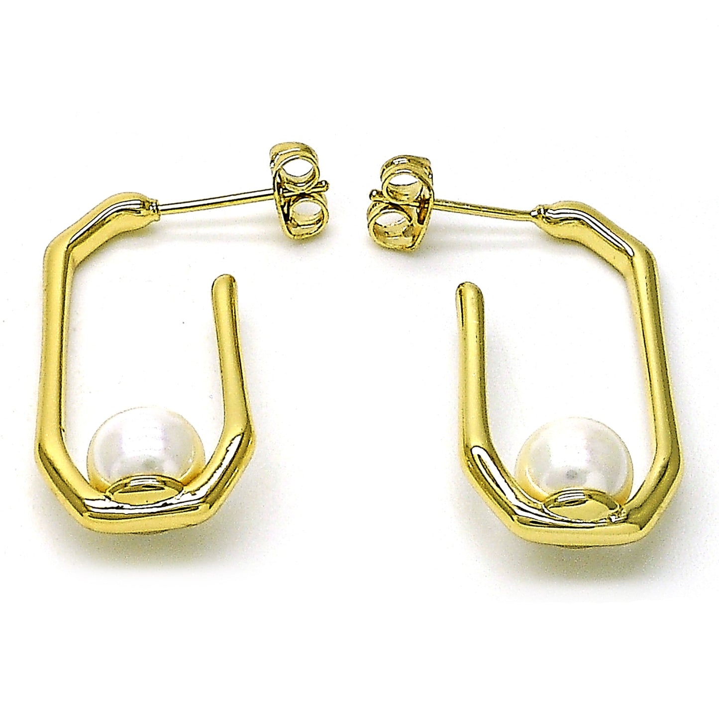 Oro Laminado Small Hoop, Gold Filled Style Ball Design, with Ivory Pearl, Polished, Golden Finish