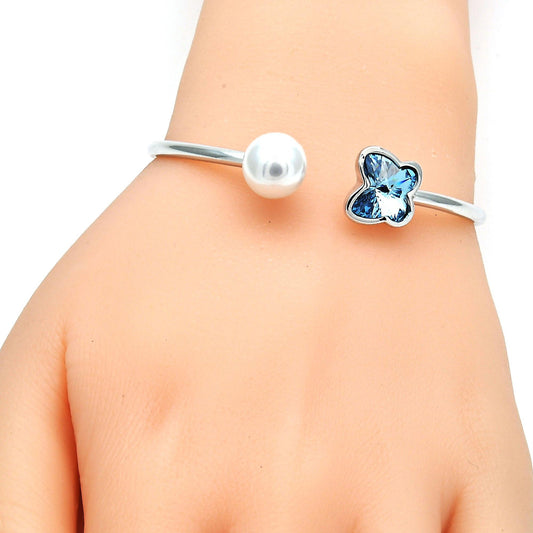 Rhodium Plated Individual Bangle, Butterfly Design, with Aquamarine Swarovski Crystals and Ivory Pearl, Polished, Rhodium Finish