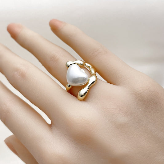 Oro Laminado Multi Stone Ring, Gold Filled Style Heart Design, with Ivory Mother of Pearl, Polished, Golden