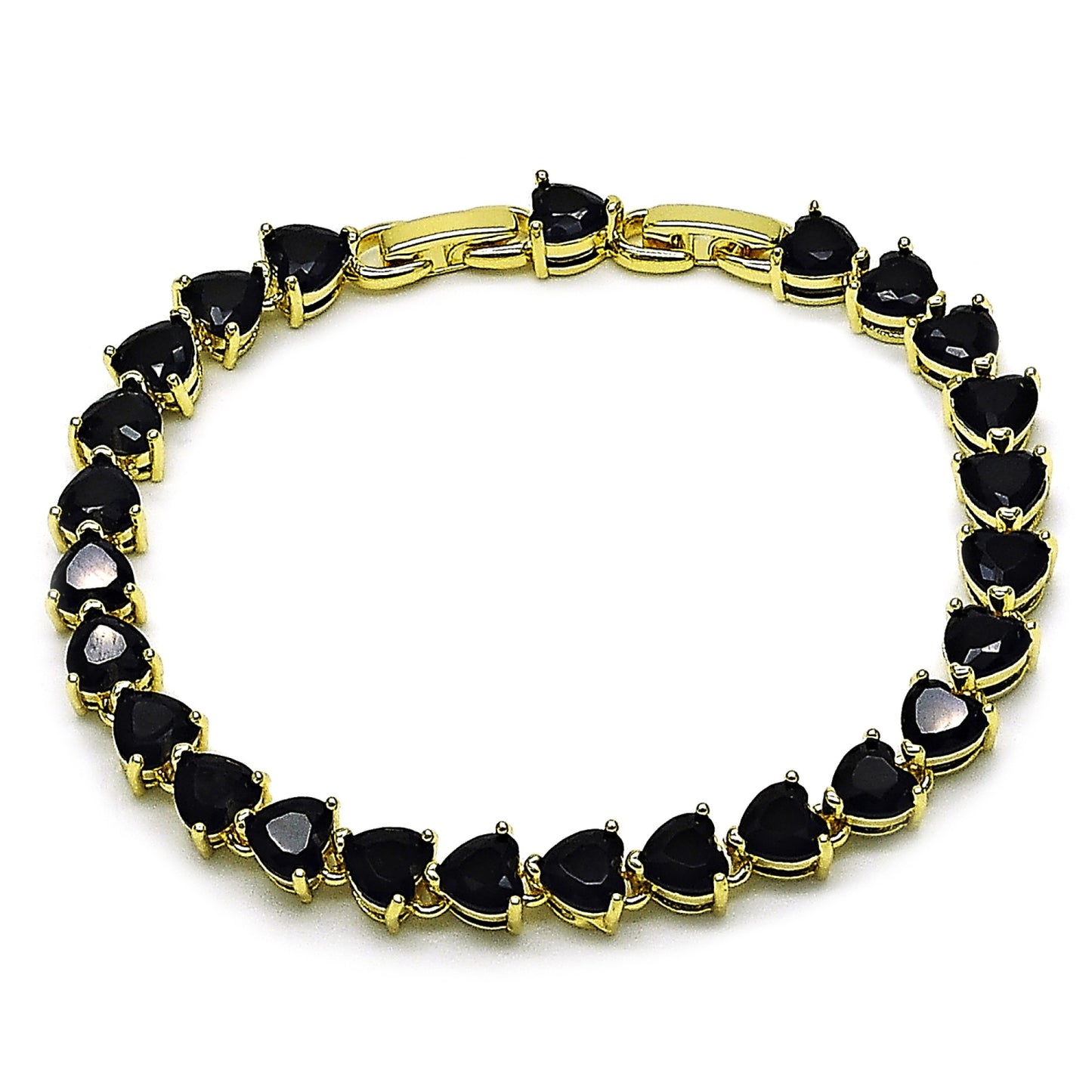 Gold Plated Gold Filled Oro Laminado Oro Laminado Tennis Bracelet, Gold Filled Style Heart Design, with Black Cubic Zirconia, Polished, Golden