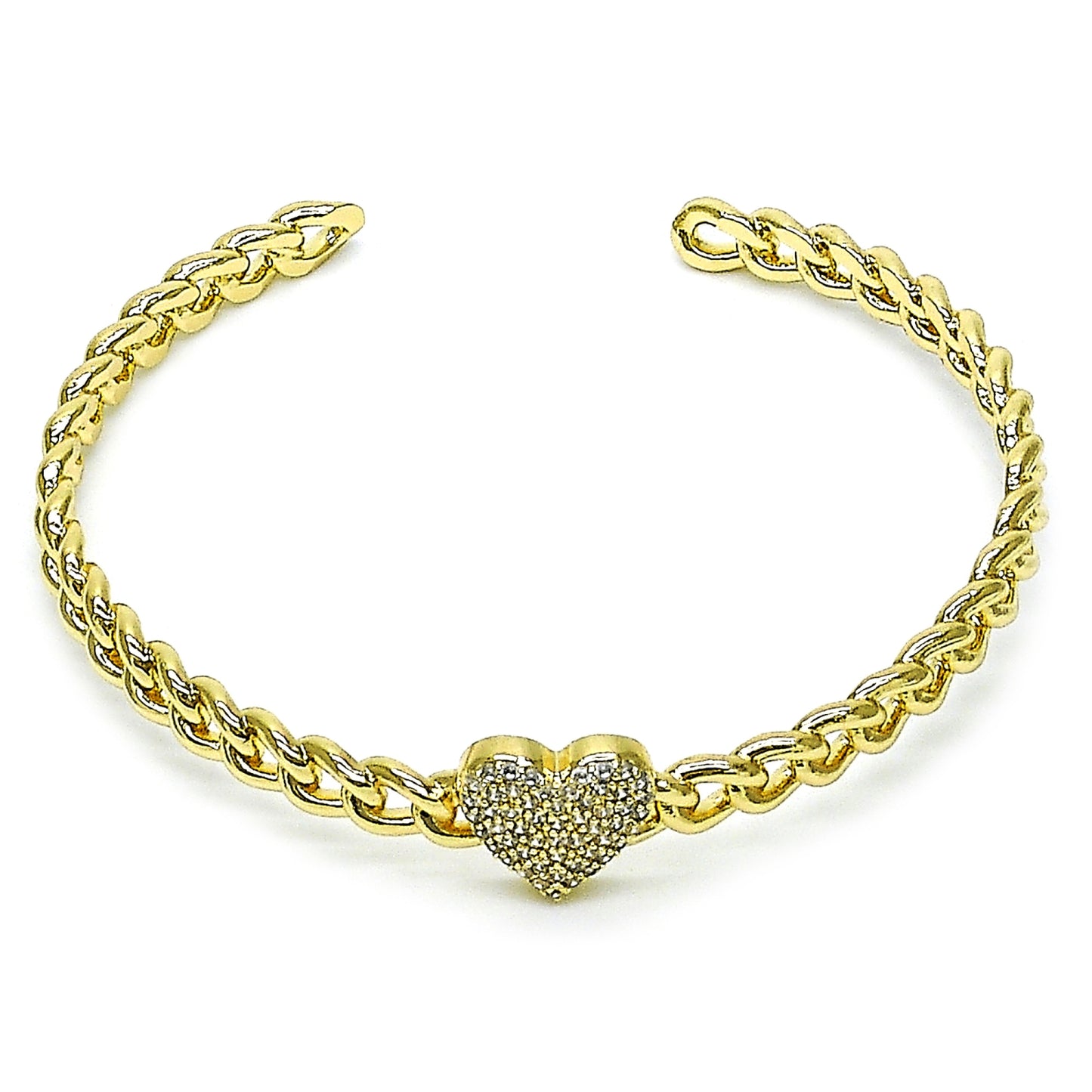 Gold Plated Gold Filled Oro Laminado Oro Laminado Individual Bangle, Gold Filled Style Heart and Miami Cuban Design, with White Micro Pave, Polished, Golden