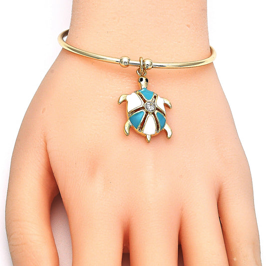 Oro Laminado Individual Bangle, Gold Filled Style Turtle Design, with White Crystal, Turquoise Enamel