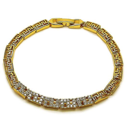 Gold Plated Gold Filled Oro Laminado Oro Laminado Fancy Bracelet, Gold Filled Style Greek Key Design, with White Cubic Zirconia, Polished, Golden