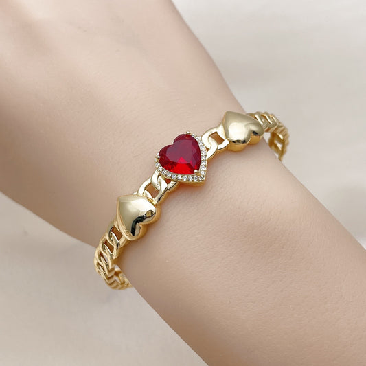 Oro Laminado Individual Bangle, Gold Filled Style Heart and Cluster Design, with Garnet Cubic Zirconia and White Micro Pave, Polished, Golden