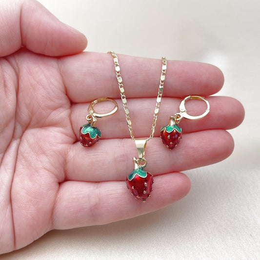 Oro Laminado Earring and Pendant Adult Set, Gold Filled Style Strawberry Design, Red Enamel