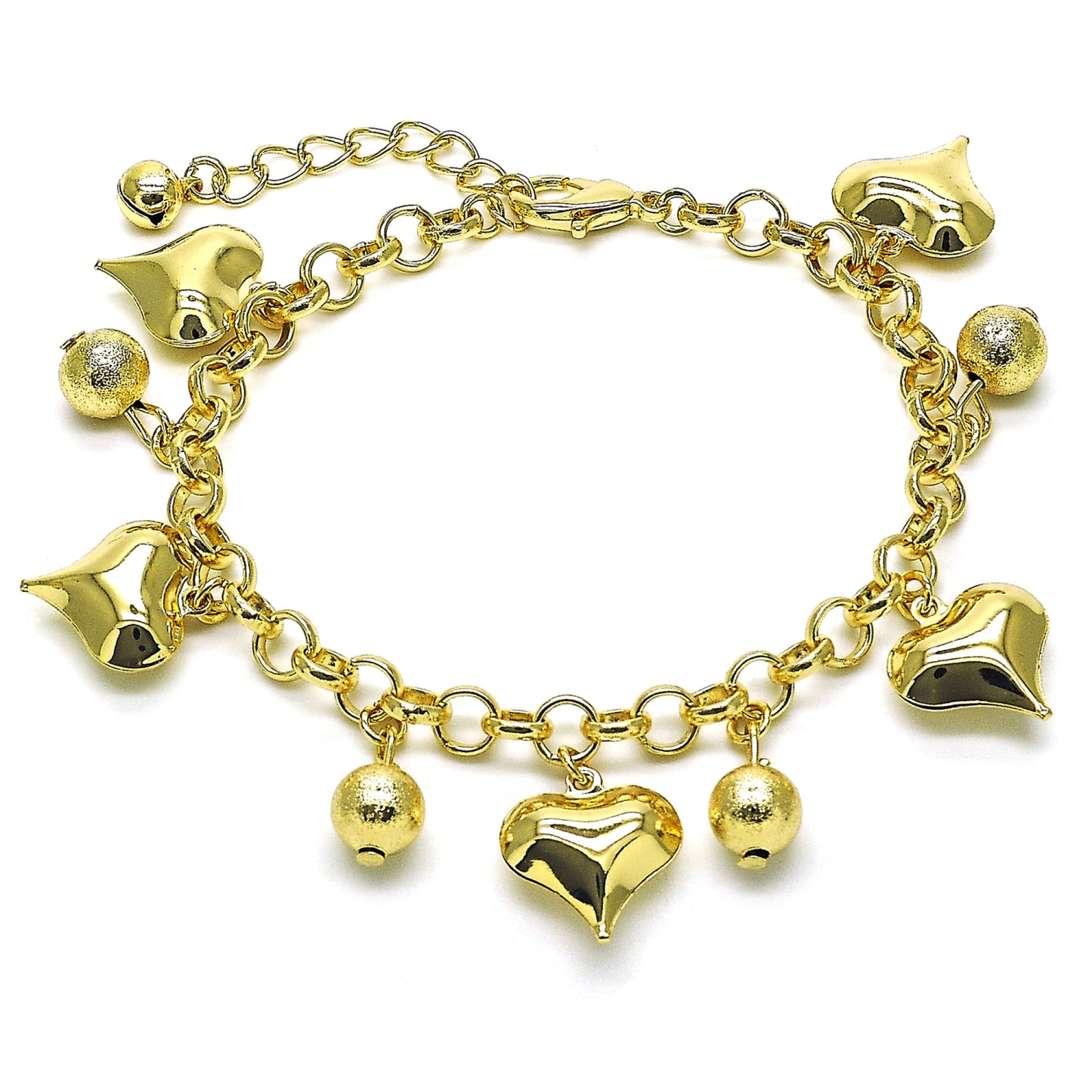 Oro Laminado Charm Bracelet, Gold Filled Style Heart and Ball Design, Polished, Golden Finish
