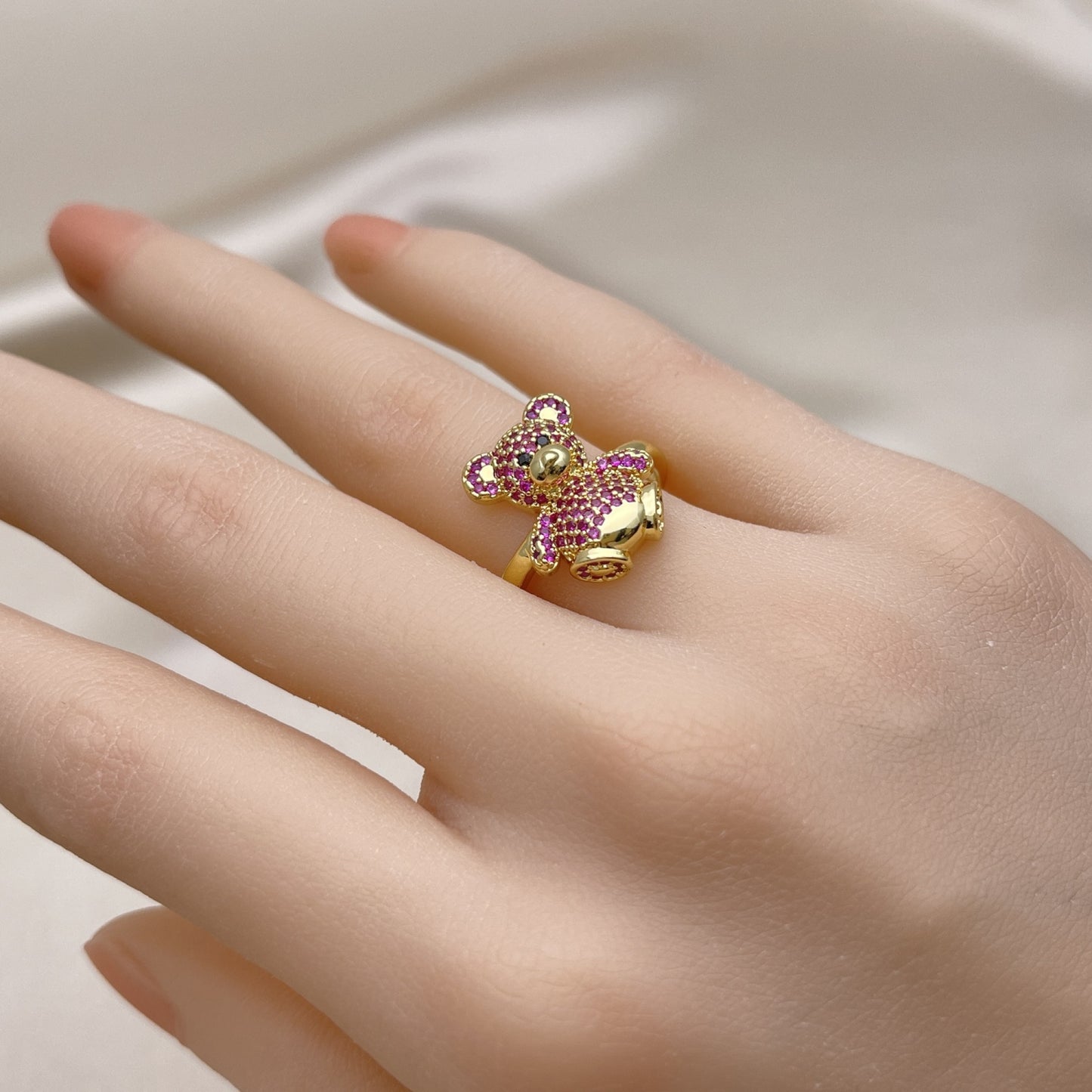 Oro Laminado Multi Stone Ring, Gold Filled Style Teddy Bear Design, with Ruby and Black Micro Pave, Polished, Golden Finish