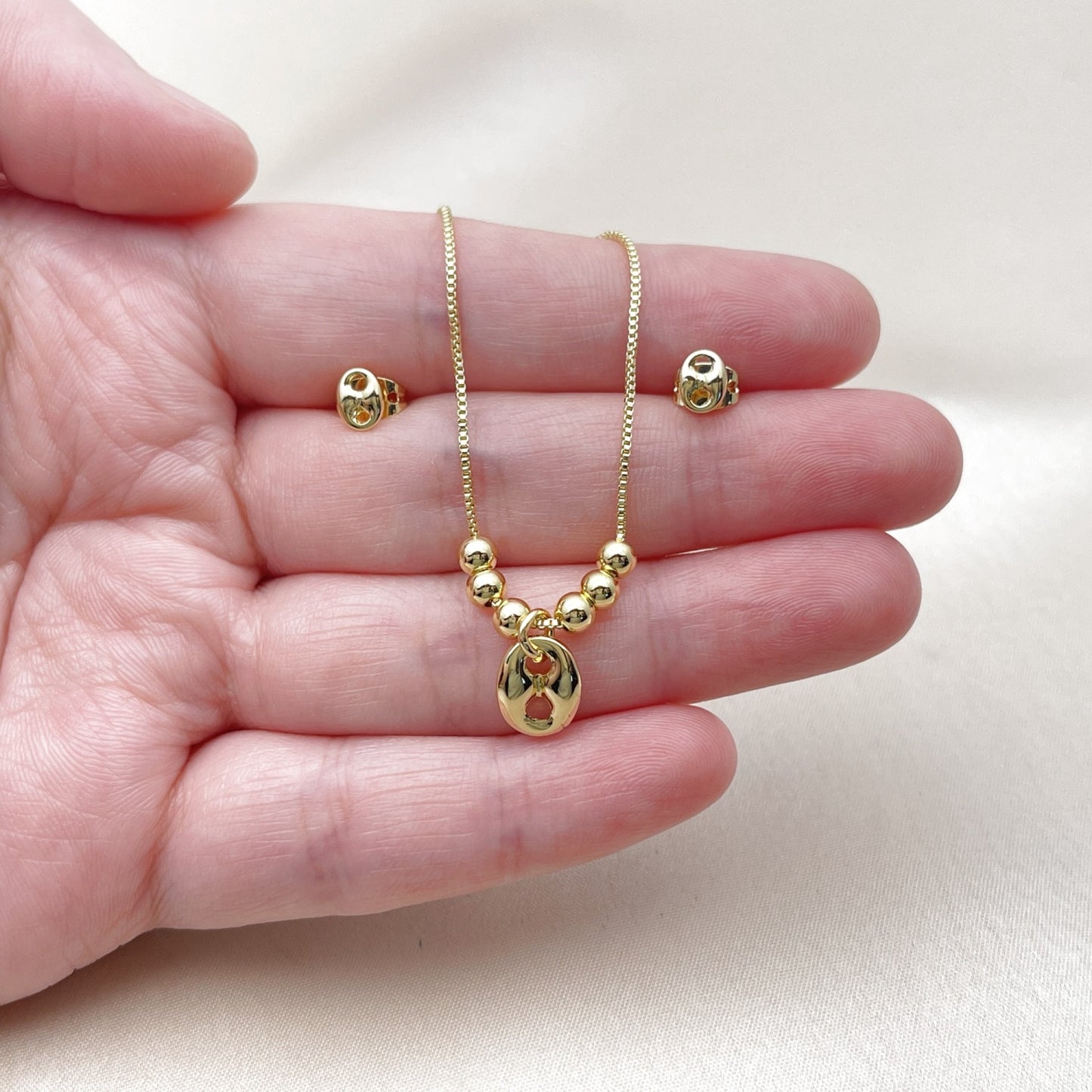 Oro Laminado Earring and Pendant Adult Set, Gold Filled Style Puff Mariner and Box Design, Polished, Golden Finish