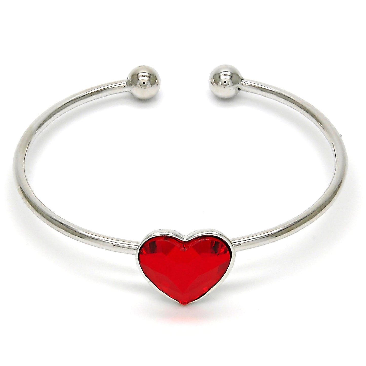 Rhodium Plated Individual Bangle, Heart Design, with Light Siam Swarovski Crystals, Polished, Rhodium Finish