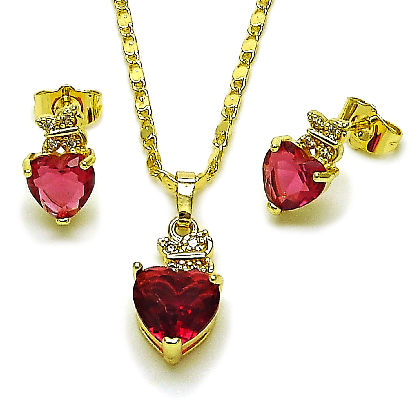 Gold Plated Gold Filled Oro Laminado Oro Laminado Earring and Pendant Adult Set, Gold Filled Style Heart and Butterfly Design, with Ruby and White Cubic Zirconia, Polished, Golden