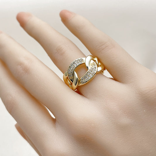 Oro Laminado Multi Stone Ring, Gold Filled Style Curb Design, with White Micro Pave, Polished, Golden