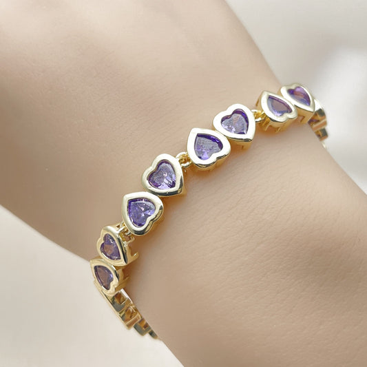 Oro Laminado Tennis Bracelet, Gold Filled Style Heart Design, with Amethyst Cubic Zirconia, Polished, Golden