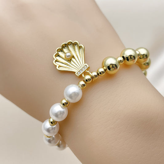 Oro Laminado Fancy Bracelet, Gold Filled Style Shell and Ball Design, with Ivory Pearl and White Micro Pave, Polished, Golden Finish