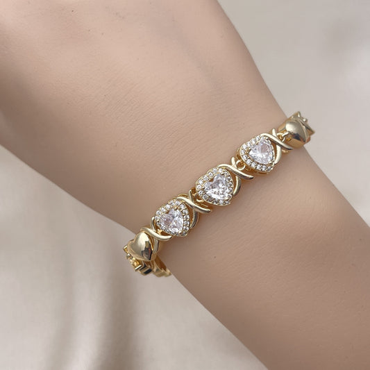 Oro Laminado Fancy Bracelet, Gold Filled Style Hugs and Kisses and Heart Design, with White Cubic Zirconia and White Micro Pave, Polished, Golden