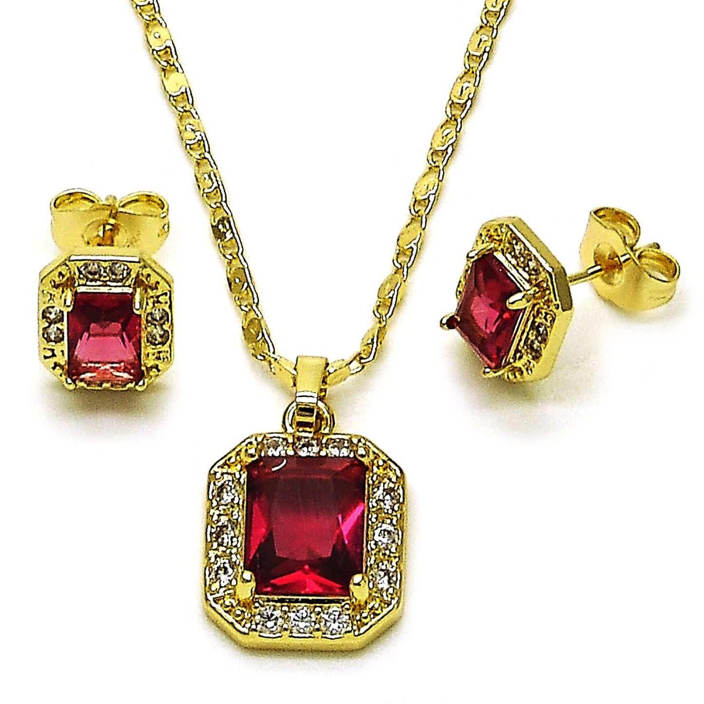 Gold Plated Gold Filled Oro Laminado Oro Laminado Earring and Pendant Adult Set, Gold Filled Style Cluster Design, with Ruby and White Cubic Zirconia, Polished, Golden