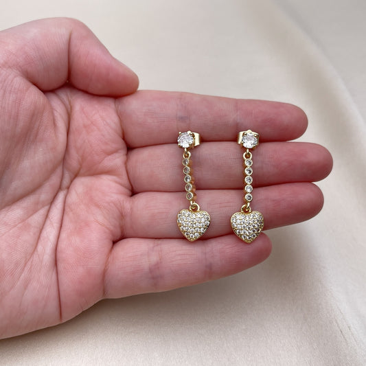 Oro Laminado Long Earring, Gold Filled Style Heart Design, with White Cubic Zirconia and White Micro Pave, Polished, Golden