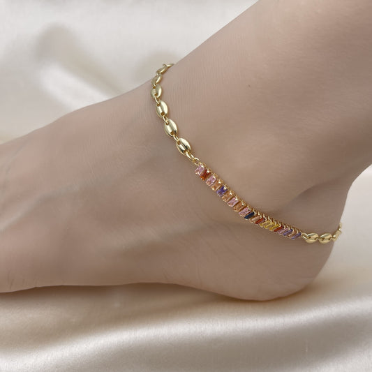 Oro Laminado Fancy Anklet, Gold Filled Style Puff Mariner and Baguette Design, with Multicolor Cubic Zirconia, Polished, Golden Finish