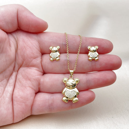 Oro Laminado Earring and Pendant Adult Set, Gold Filled Style Teddy Bear and Heart Design, with White Micro Pave, Polished, Golden