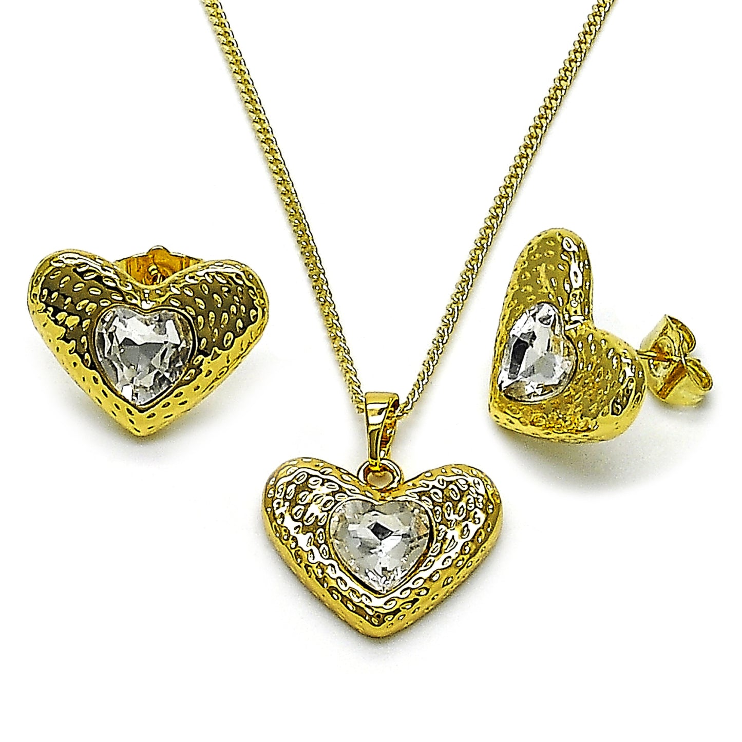 Gold Plated Gold Filled Oro Laminado Oro Laminado Earring and Pendant Adult Set, Gold Filled Style Heart Design, with White Crystal, Polished, Golden