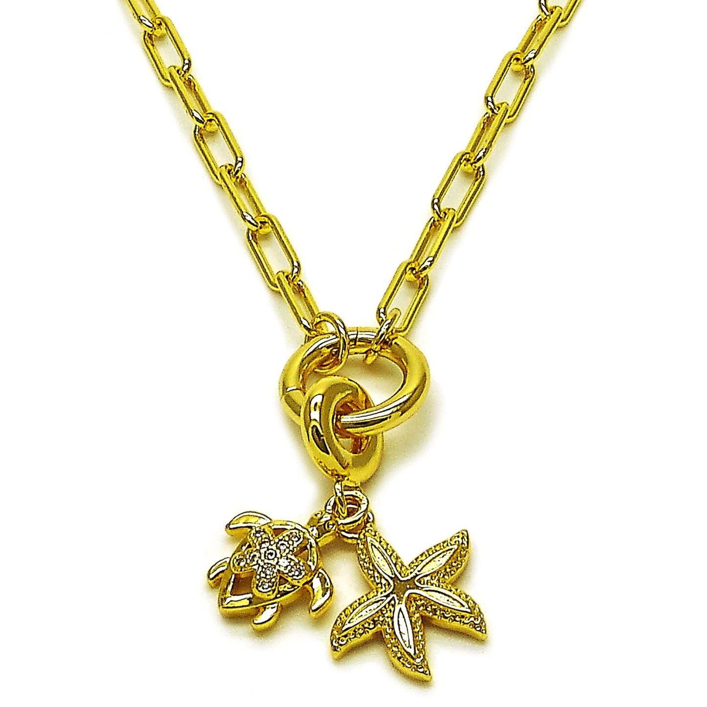 Oro Laminado Fancy Necklace, Gold Filled Style Turtle and Star Design, with White Micro Pave, Polished, Golden Finish
