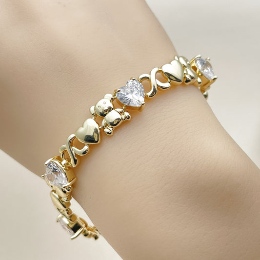 Oro Laminado Fancy Bracelet, Gold Filled Style Hugs and Kisses and Heart Design, with White Cubic Zirconia, Polished, Golden