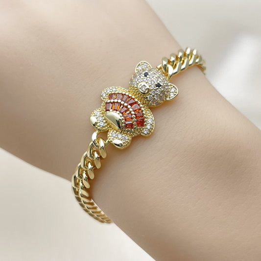 Oro Laminado Fancy Bracelet, Gold Filled Style Teddy Bear and Miami Cuban Design, with Garnet Cubic Zirconia and White Micro Pave, Polished, Golden