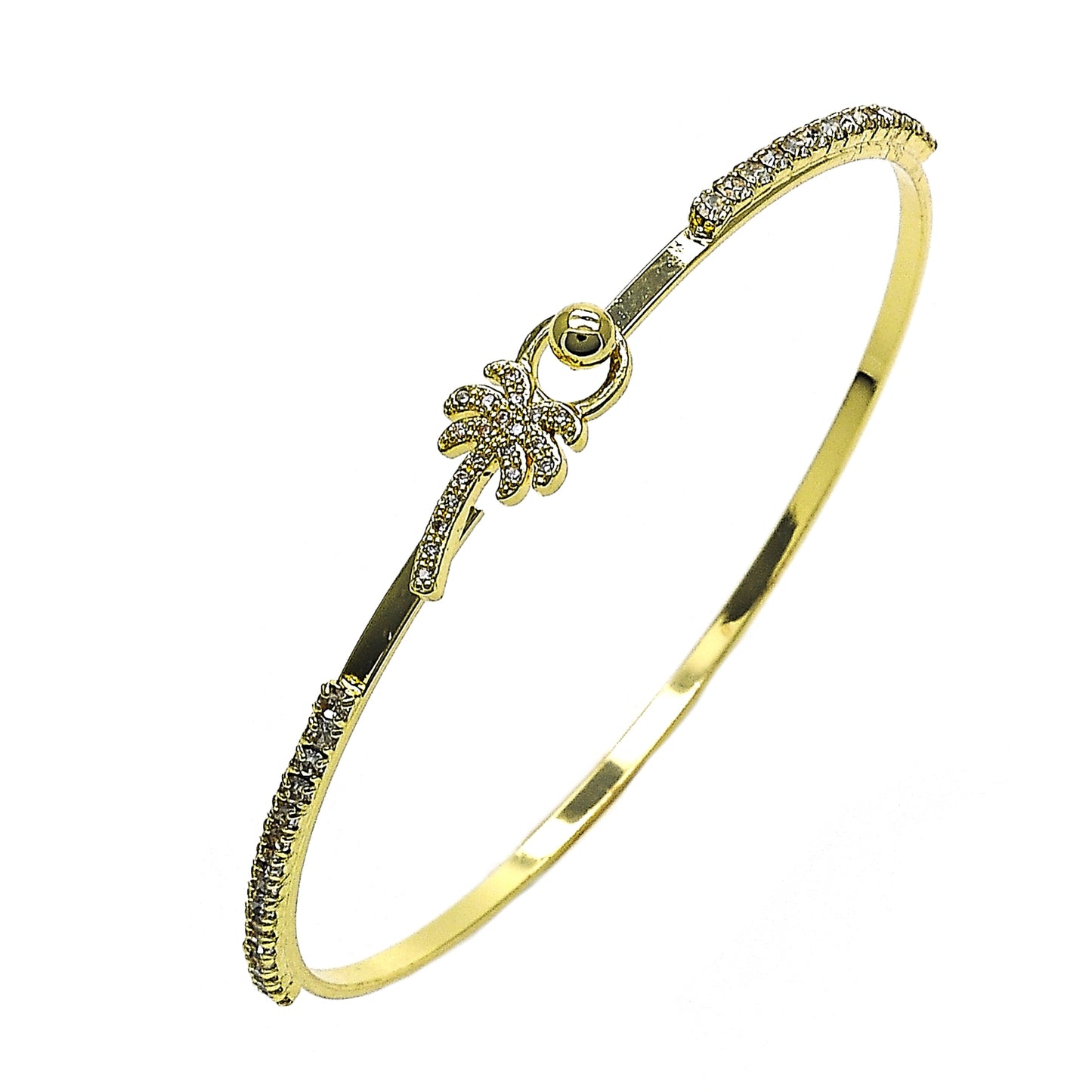 Oro Laminado Individual Bangle, Gold Filled Style Palm Tree Design, with White Micro Pave and White Crystal, Polished, Golden Finish