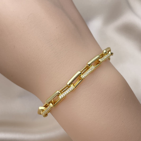 Oro Laminado Fancy Bracelet, Gold Filled Style Paperclip Design, with White Micro Pave, Polished, Golden Finish