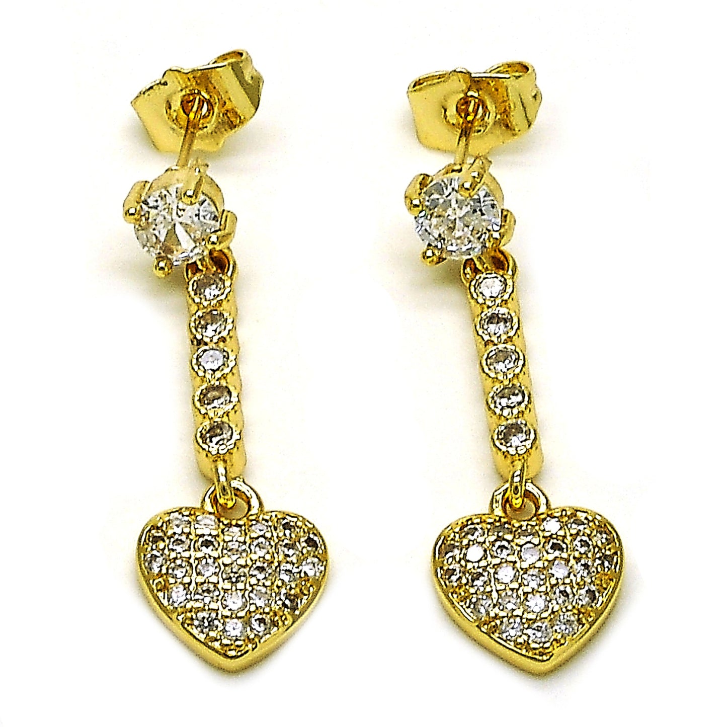 Gold Plated Gold Filled Oro Laminado Oro Laminado Long Earring, Gold Filled Style Heart Design, with White Cubic Zirconia and White Micro Pave, Polished, Golden