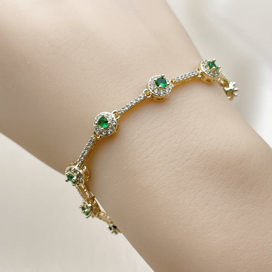 Oro Laminado Tennis Bracelet, Gold Filled Style Cluster Design, with Green and White Cubic Zirconia, Polished, Golden