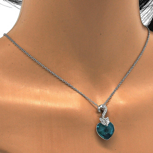 Rhodium Plated Pendant Necklace, Heart Design, with Blue Zircon and Aurore Boreale Swarovski Crystals, Polished, Rhodium