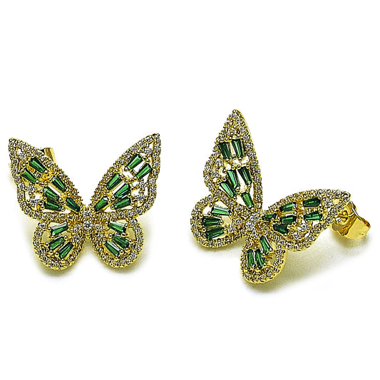 Gold Plated Gold Filled Oro Laminado Oro Laminado Stud Earring, Gold Filled Style Butterfly and Baguette Design, with Green and White Cubic Zirconia, Polished, Golden