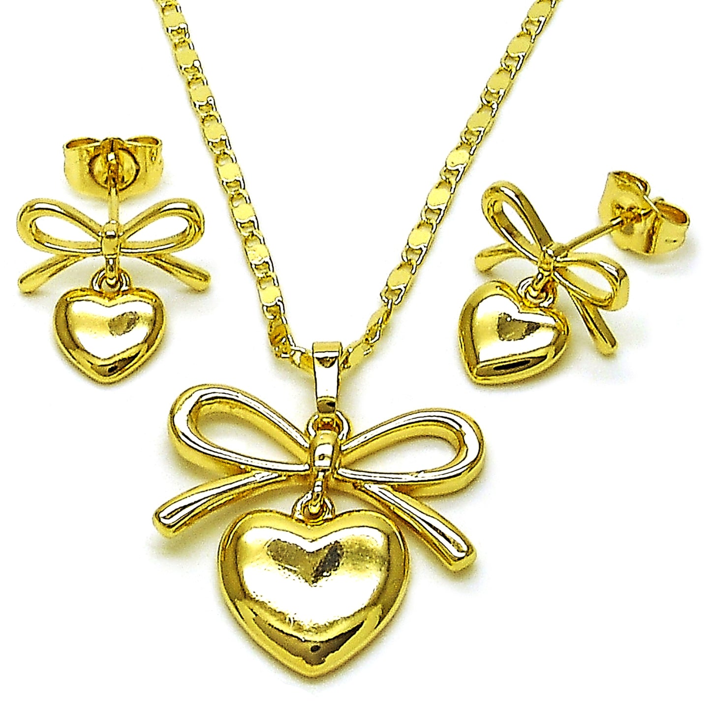 Gold Plated Gold Filled Oro Laminado Oro Laminado Earring and Pendant Adult Set, Gold Filled Style Heart and Bow Design, Polished, Golden