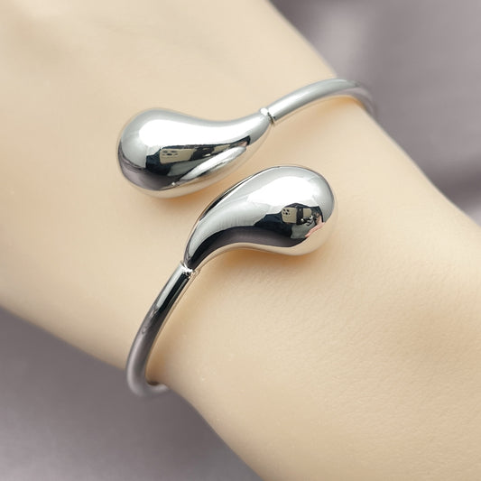 Rhodium Plated Individual Bangle, Teardrop and Hollow Design, Polished, Rhodium