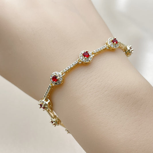Oro Laminado Tennis Bracelet, Gold Filled Style Cluster Design, with Garnet and White Cubic Zirconia, Polished, Golden