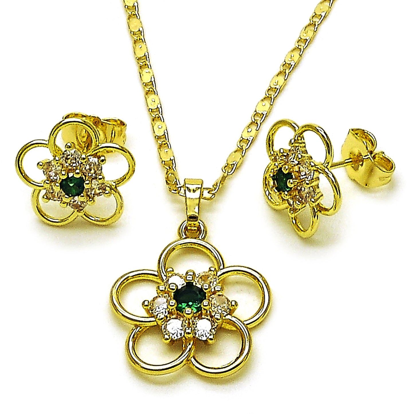 Oro Laminado Earring and Pendant Adult Set, Gold Filled Style Flower Design, with Green and White Cubic Zirconia, Polished, Golden Finish