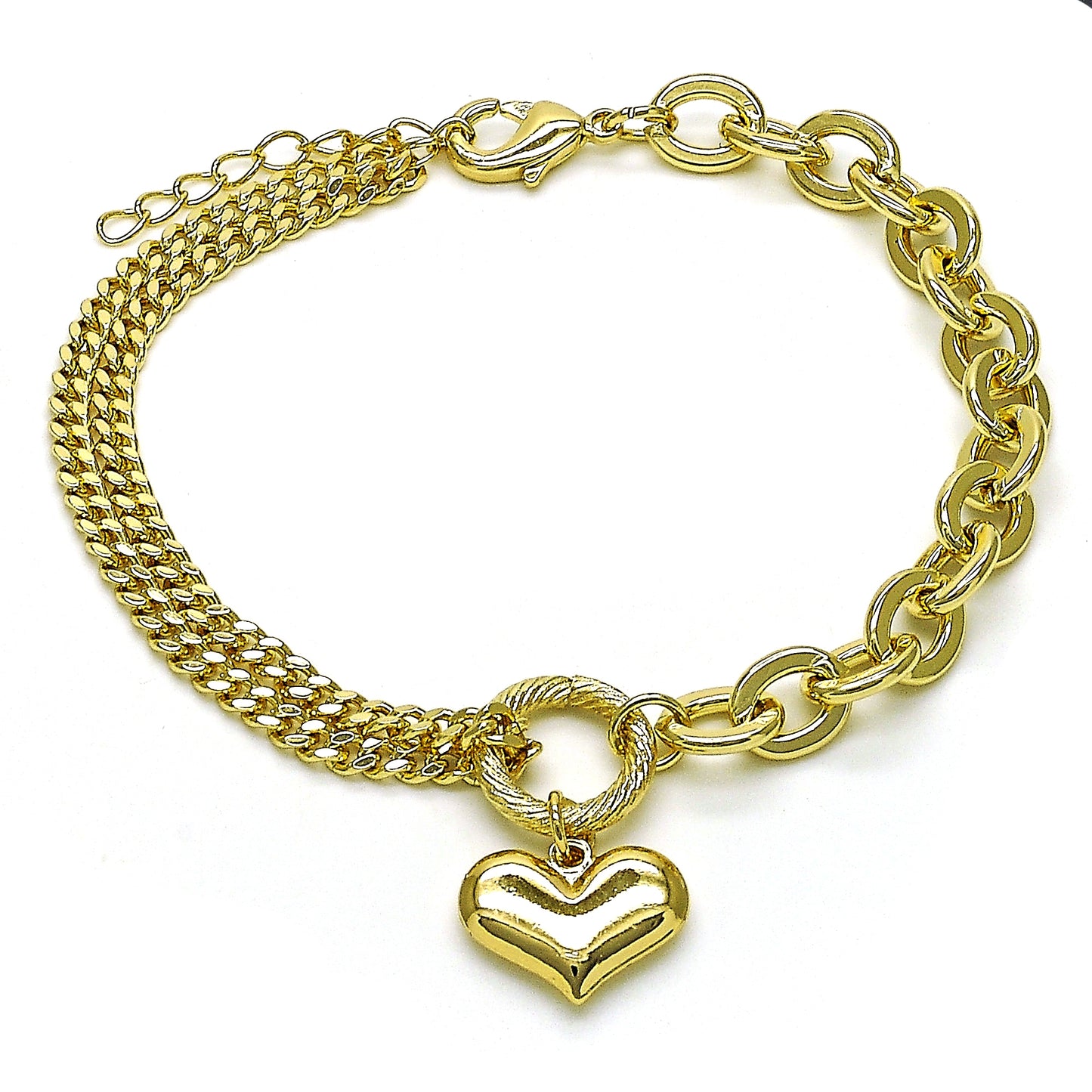 Oro Laminado Fancy Bracelet, Gold Filled Style Heart and Rolo Design, Polished, Golden Finish