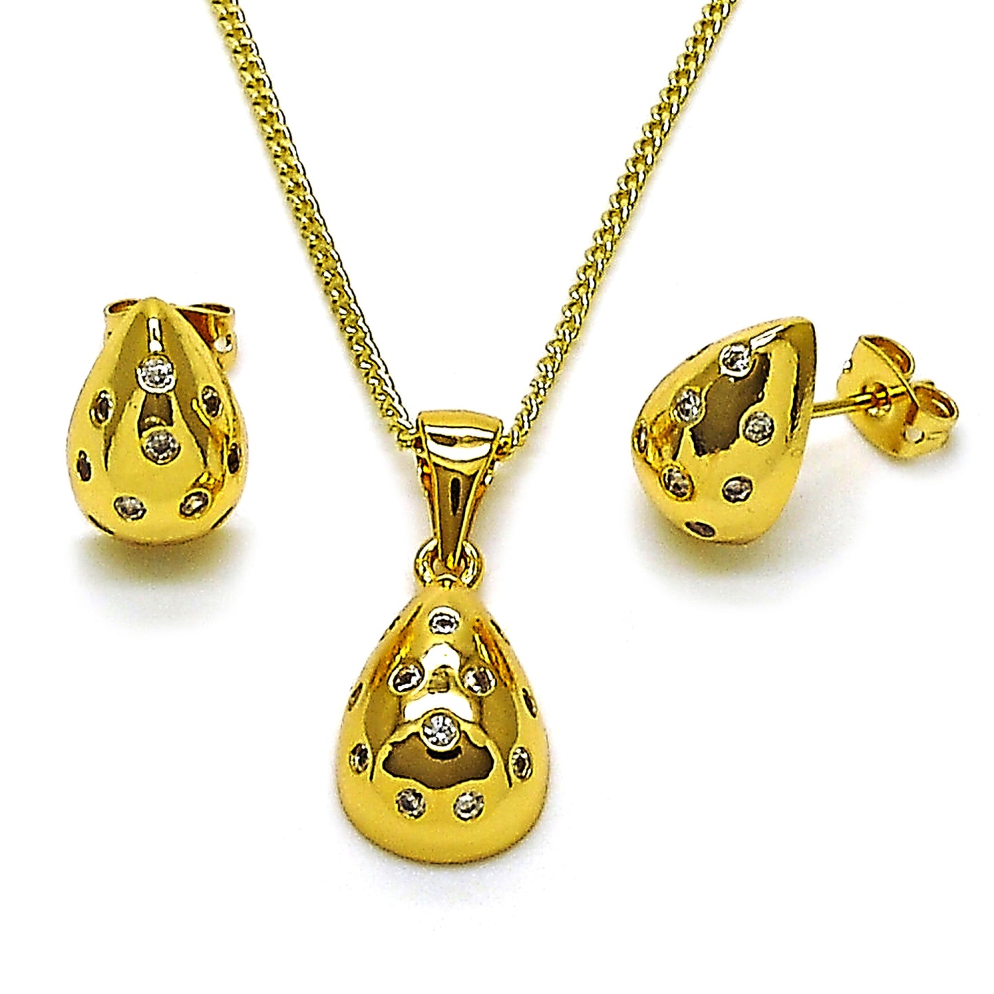 Gold Plated Gold Filled Oro Laminado Oro Laminado Earring and Pendant Adult Set, Gold Filled Style Teardrop Design, with White Cubic Zirconia, Polished, Golden