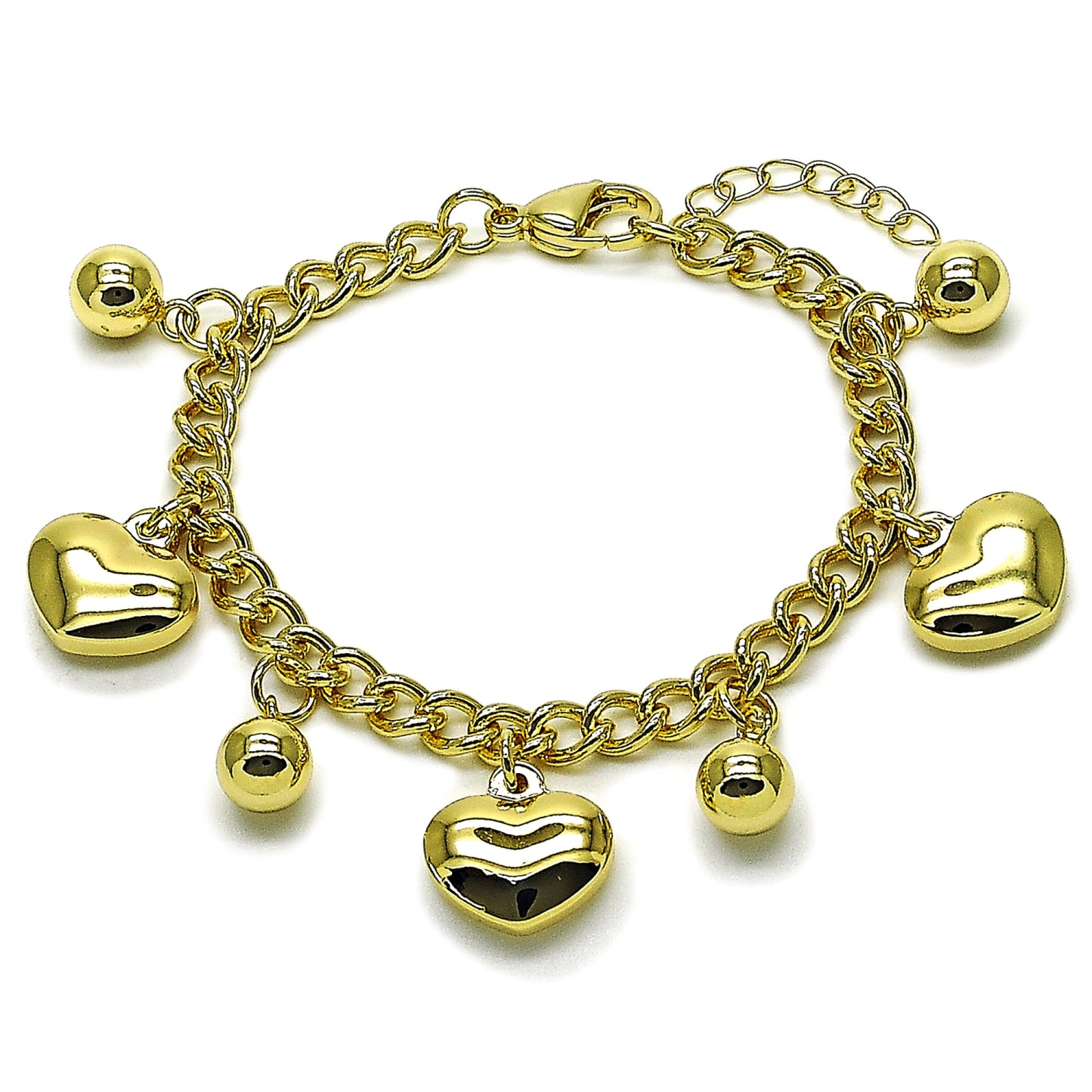 Gold Plated Gold Filled Oro Laminado Oro Laminado Charm Bracelet, Gold Filled Style Heart and Miami Cuban Design, Polished, Golden