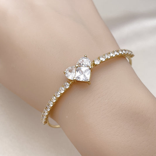 Oro Laminado Individual Bangle, Gold Filled Style Heart and Cluster Design, with White Cubic Zirconia, Polished, Golden