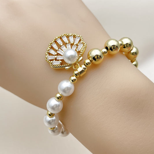 Oro Laminado Fancy Bracelet, Gold Filled Style Expandable Bead and Shell Design, with White Cubic Zirconia and Ivory Pearl, Polished, Golden