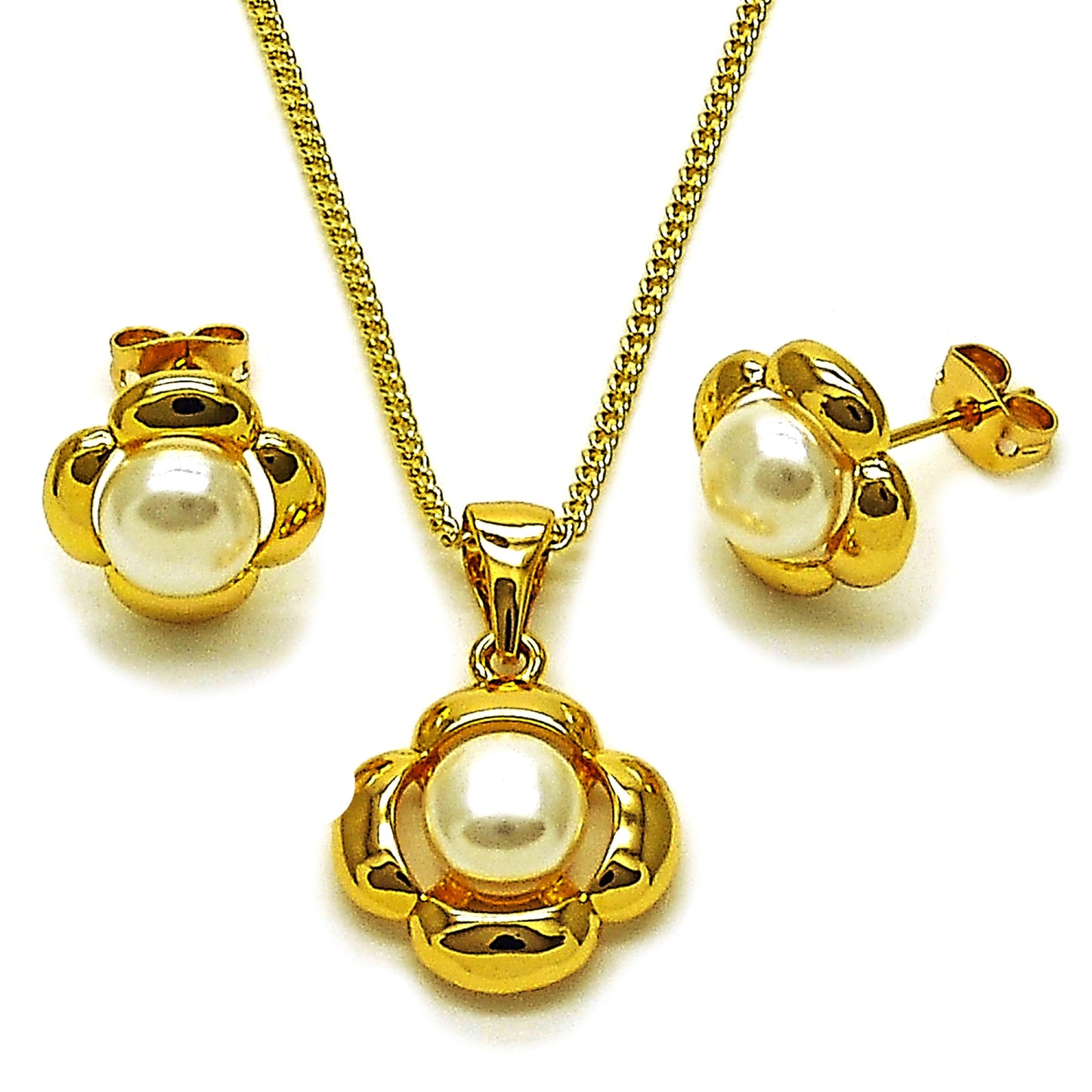 Gold Plated Gold Filled Oro Laminado Oro Laminado Earring and Pendant Adult Set, Gold Filled Style Four-leaf Clover Design, with Ivory Pearl, Polished, Golden