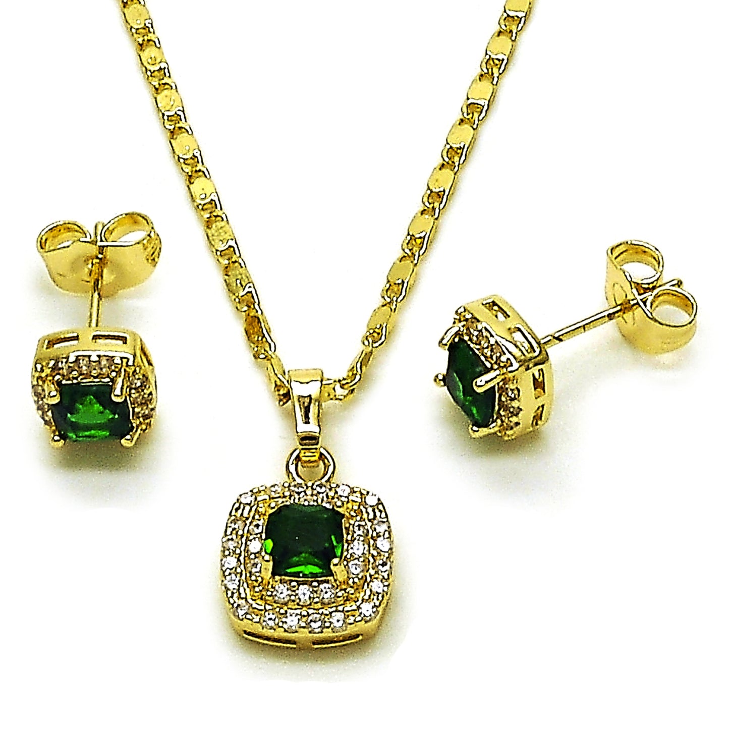 Gold Plated Gold Filled Oro Laminado Oro Laminado Earring and Pendant Adult Set, Gold Filled Style Cluster Design, with Green Cubic Zirconia and White Micro Pave, Polished, Golden