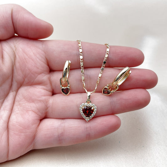 Oro Laminado Earring and Pendant Adult Set, Gold Filled Style Heart and Cluster Design, with Garnet and White Cubic Zirconia, Polished, Golden
